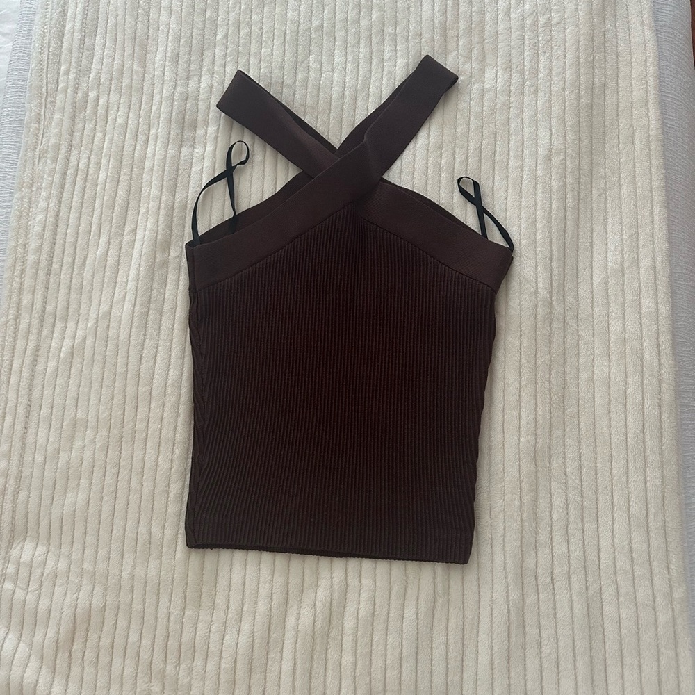 Aritzia Chocolate ribbed halter neck crop top
